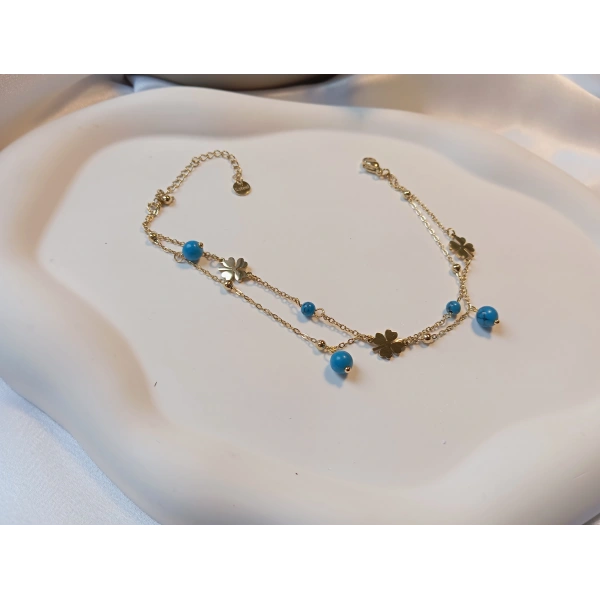 Euro Aksesuar 14K Altın Kaplama Çift Zincirli Yonca Çelik Halhal