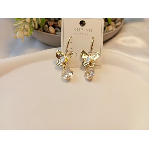 Xuping Jewelry 14 Ayar Altın Kaplama Kristal Damla Detaylı Kelebek Küpe (4 cm)