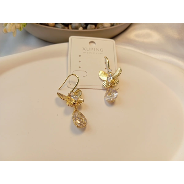 Xuping Jewelry 14 Ayar Altın Kaplama Kristal Damla Detaylı Kelebek Küpe (4 cm)