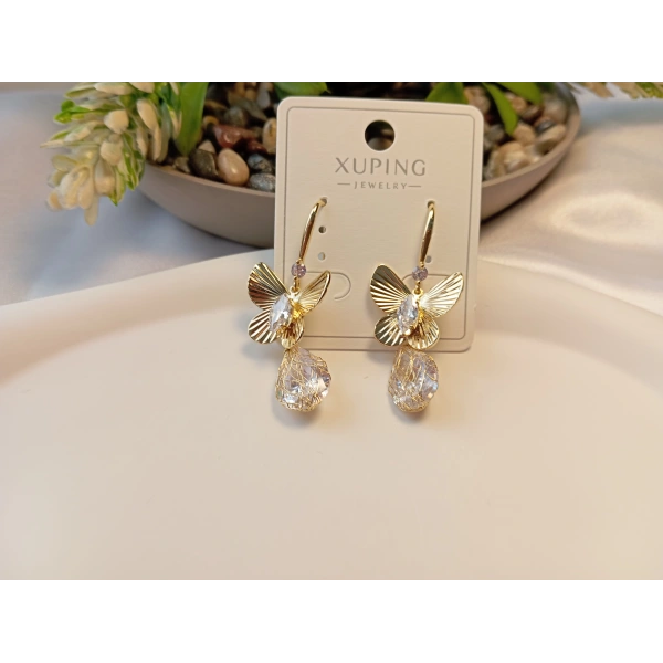 Xuping Jewelry 14 Ayar Altın Kaplama Kristal Damla Detaylı Kelebek Küpe (4 cm)