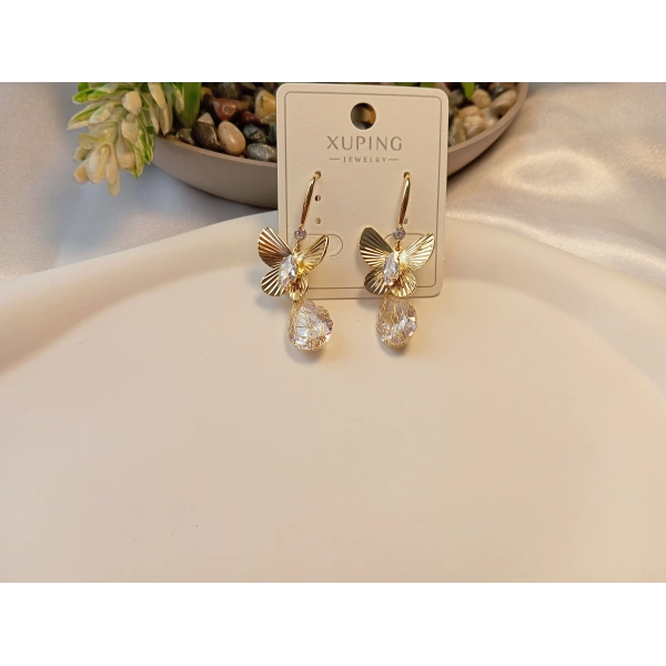 Xuping Jewelry 14 Ayar Altın Kaplama Kristal Damla Detaylı Kelebek Küpe (4 cm)