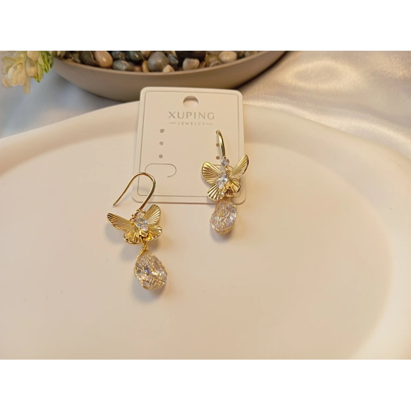 Xuping Jewelry 14 Ayar Altın Kaplama Kristal Damla Detaylı Kelebek Küpe (4 cm)