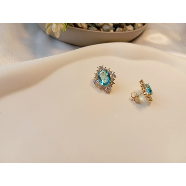 Xuping Jewelry 14 Ayar Altın Kaplama Akuamarin Kristal Taşlı Lüks Küpe (2 cm)
