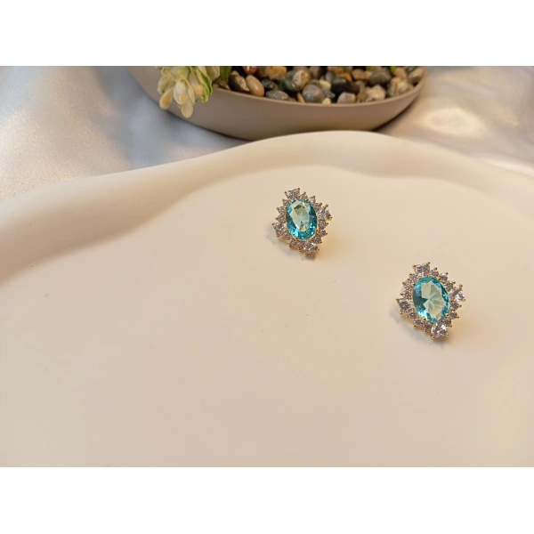 Xuping Jewelry 14 Ayar Altın Kaplama Akuamarin Kristal Taşlı Lüks Küpe (2 cm)