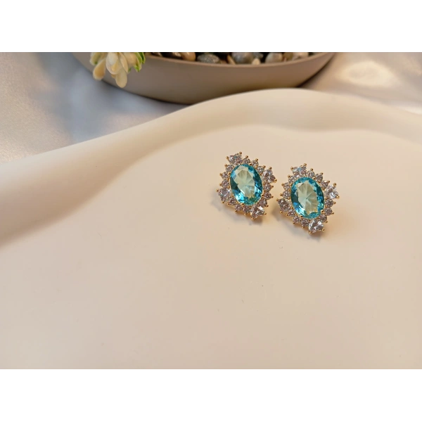 Xuping Jewelry 14 Ayar Altın Kaplama Akuamarin Kristal Taşlı Lüks Küpe (2 cm)