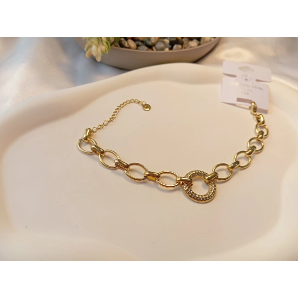 14 Ayar Altın Kaplama 316L Çelik Zirkon Taşlı Halka Detaylı Zincir Bileklik (18-23 cm)