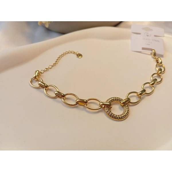 14 Ayar Altın Kaplama 316L Çelik Zirkon Taşlı Halka Detaylı Zincir Bileklik (18-23 cm)