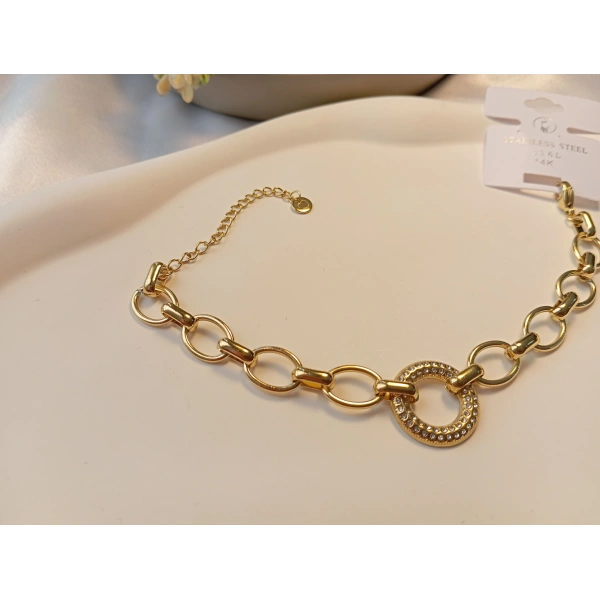 14 Ayar Altın Kaplama 316L Çelik Zirkon Taşlı Halka Detaylı Zincir Bileklik (18-23 cm)