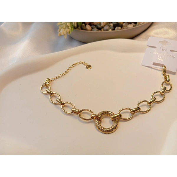 14 Ayar Altın Kaplama 316L Çelik Zirkon Taşlı Halka Detaylı Zincir Bileklik (18-23 cm)