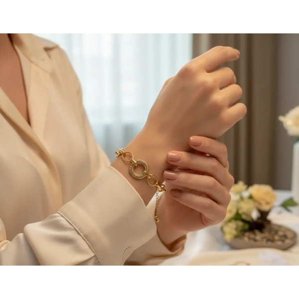 14 Ayar Altın Kaplama 316L Çelik Zirkon Taşlı Halka Detaylı Zincir Bileklik (18-23 cm)