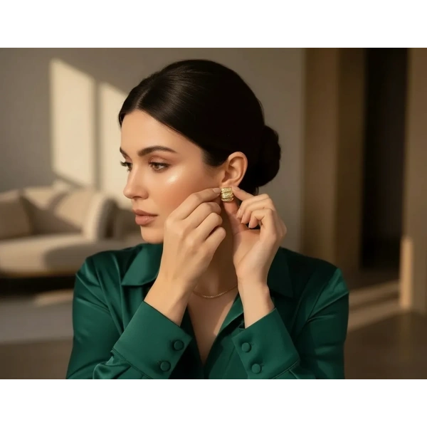 Xuping Jewelry 14 Ayar Altın Kaplama Zirkon Taşlı Bombeli Halka Küpe (1 cm)