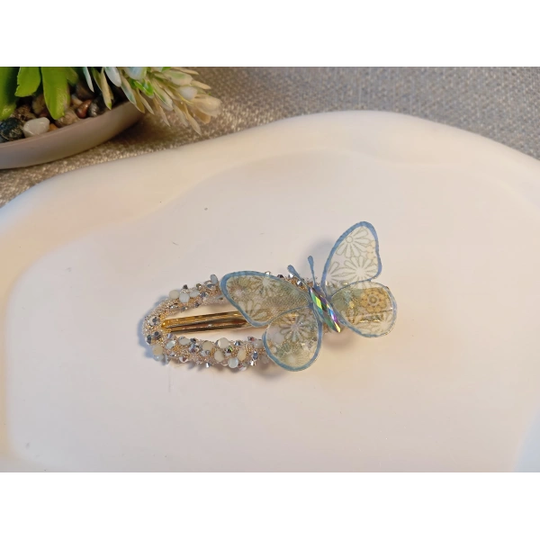 Euro Aksesuar Kristal Taşlı ve Tül Kelebek Figürlü Lüks Yan Toka