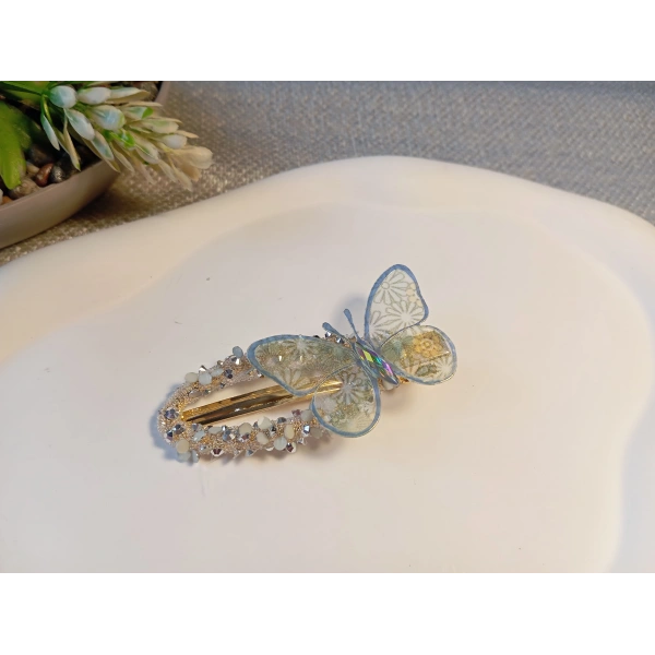 Euro Aksesuar Kristal Taşlı ve Tül Kelebek Figürlü Lüks Yan Toka