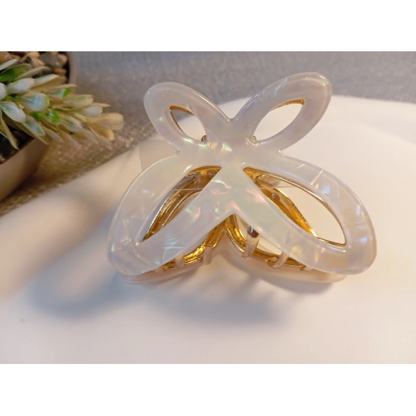 Euro Aksesuar Sedefli Krem Desenli Lüks Metal Kelebek Mandal Toka