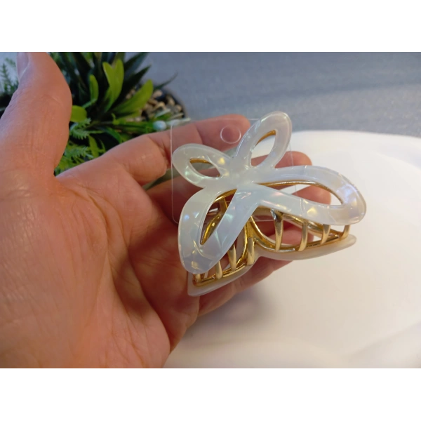 Euro Aksesuar Sedefli Krem Desenli Lüks Metal Kelebek Mandal Toka