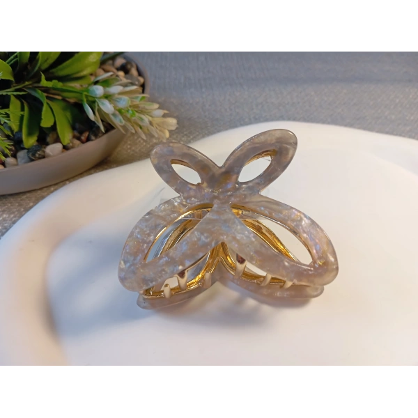 Euro Aksesuar Sedefli Krem Desenli Lüks Metal Kelebek Mandal Toka