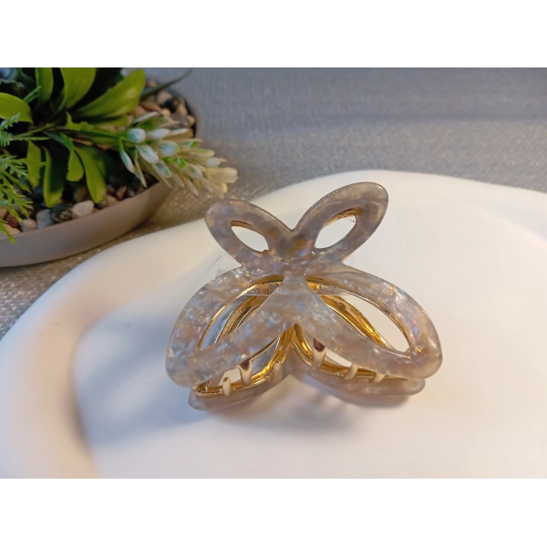 Euro Aksesuar Sedefli Krem Desenli Lüks Metal Kelebek Mandal Toka