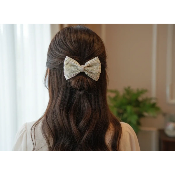 Euro Aksesuar Kristal Taşlı ve İncili Lüks Fiyonk Otomatik Toka