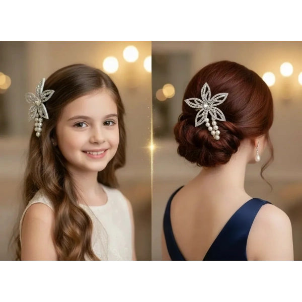 Euro Aksesuar Kristal Taşlı Çiçek Figürlü ve İncili Lüks Yan Toka Seti (Siyah, Gold, Gümüş)