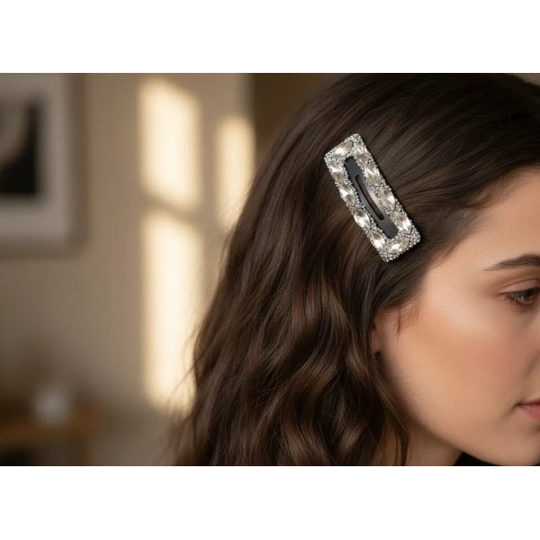 7 cm Kristal Markiz Taşlı Gümüş Renk Lüks Çıt Çıt Toka