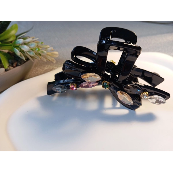 Euro Aksesuar Lüks Kristal Taş İşlemeli Modern Fiyonk Tasarım Büyük Boy Mandal Toka - 9 cm