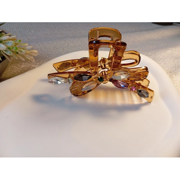 Euro Aksesuar Lüks Kristal Taş İşlemeli Modern Fiyonk Tasarım Büyük Boy Mandal Toka - 9 cm