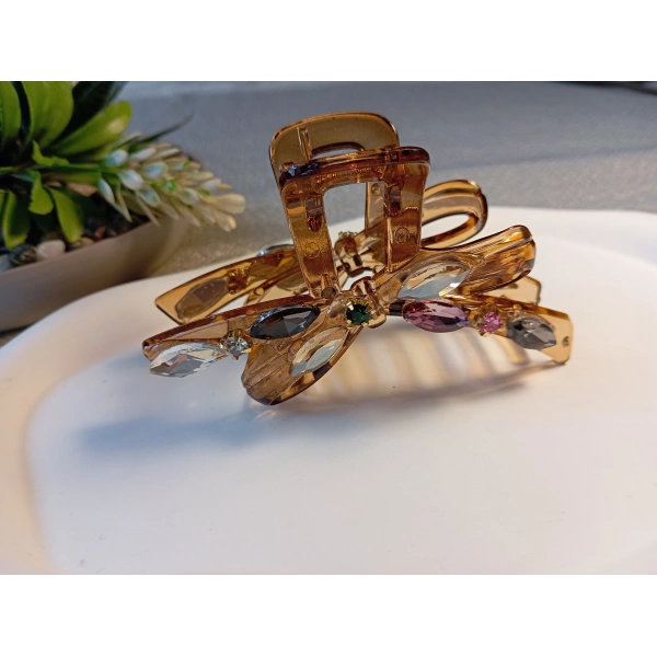 Euro Aksesuar Lüks Kristal Taş İşlemeli Modern Fiyonk Tasarım Büyük Boy Mandal Toka - 9 cm