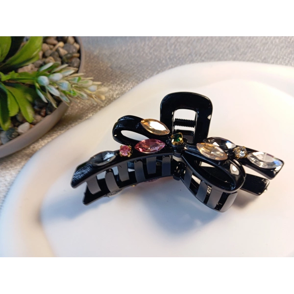 Euro Aksesuar Lüks Kristal Taş İşlemeli Modern Fiyonk Tasarım Büyük Boy Mandal Toka - 9 cm