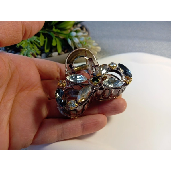 Euro Aksesuar Premium Koleksiyon Kristal Taşlı ve Markiz Kesim Cam Detaylı Orta Boy Mandal Toka - 5 cm