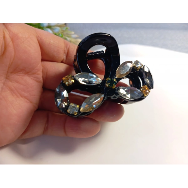 Euro Aksesuar Premium Koleksiyon Kristal Taşlı ve Markiz Kesim Cam Detaylı Orta Boy Mandal Toka - 5 cm