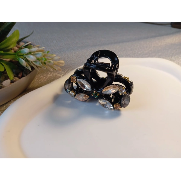 Euro Aksesuar Premium Koleksiyon Kristal Taşlı ve Markiz Kesim Cam Detaylı Orta Boy Mandal Toka - 5 cm