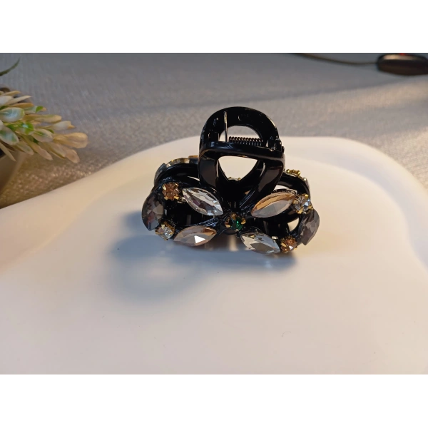 Euro Aksesuar Premium Koleksiyon Kristal Taşlı ve Markiz Kesim Cam Detaylı Orta Boy Mandal Toka - 5 cm