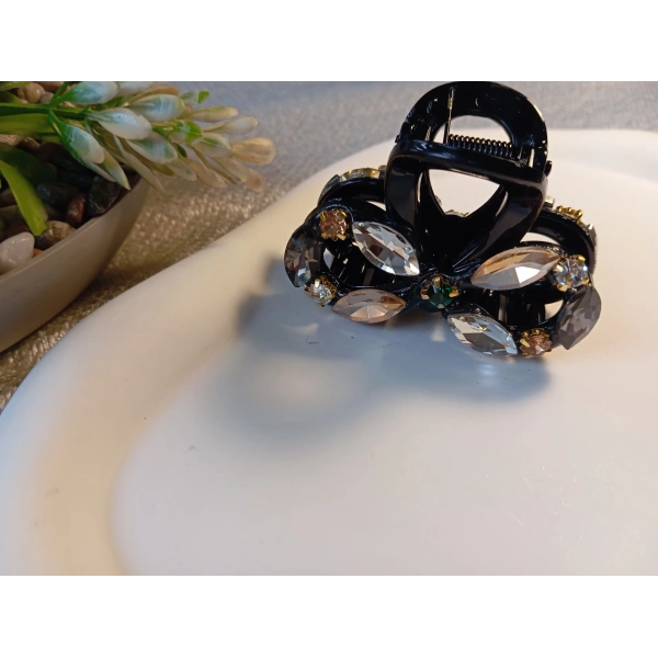 Euro Aksesuar Premium Koleksiyon Kristal Taşlı ve Markiz Kesim Cam Detaylı Orta Boy Mandal Toka - 5 cm