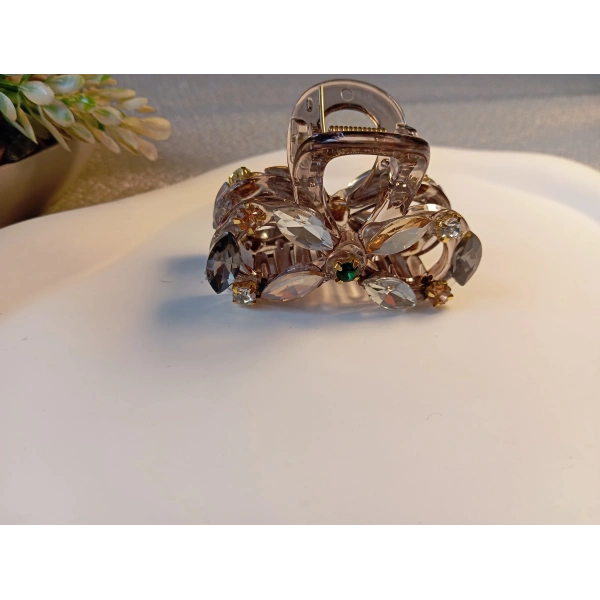 Euro Aksesuar Premium Koleksiyon Kristal Taşlı ve Markiz Kesim Cam Detaylı Orta Boy Mandal Toka - 5 cm