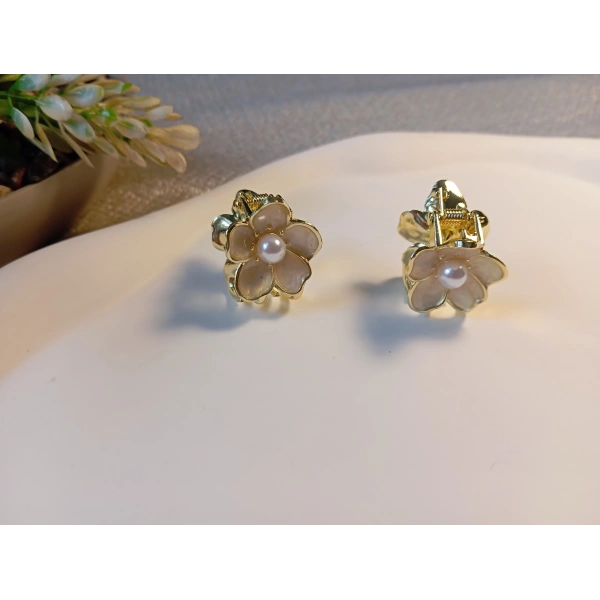 Euro Aksesuar 2li Set İnci Detaylı Mine İşlemeli Mini Çiçek Mandal Toka - 2 cm