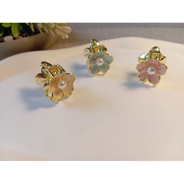 Euro Aksesuar 2li Set İnci Detaylı Mine İşlemeli Mini Çiçek Mandal Toka - 2 cm