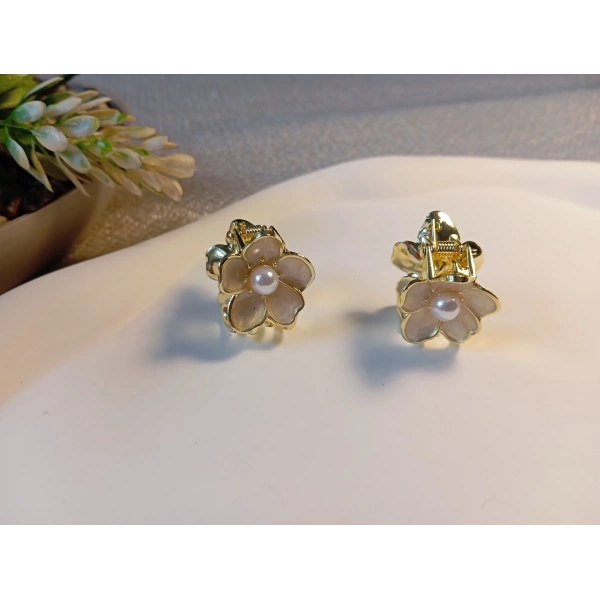 Euro Aksesuar 2li Set İnci Detaylı Mine İşlemeli Mini Çiçek Mandal Toka - 2 cm