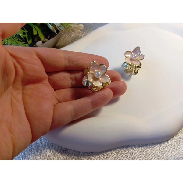 Euro Aksesuar 2li Set İnci Detaylı Mine İşlemeli Mini Çiçek Mandal Toka - 2 cm