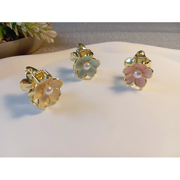 Euro Aksesuar 2li Set İnci Detaylı Mine İşlemeli Mini Çiçek Mandal Toka - 2 cm