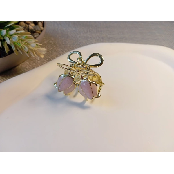 Euro Aksesuar Bahar Serisi Lale Figürlü ve Fiyonk Detaylı Altın Kaplama Mini Metal Mandal Toka - 3 cm