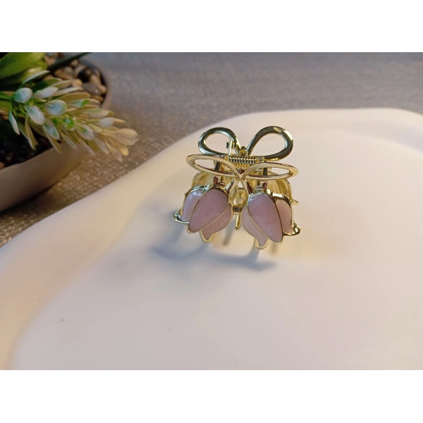 Euro Aksesuar Bahar Serisi Lale Figürlü ve Fiyonk Detaylı Altın Kaplama Mini Metal Mandal Toka - 3 cm