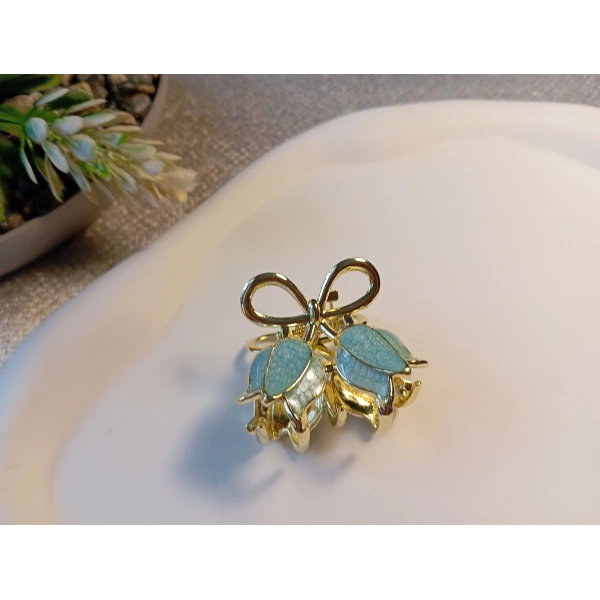 Euro Aksesuar Bahar Serisi Lale Figürlü ve Fiyonk Detaylı Altın Kaplama Mini Metal Mandal Toka - 3 cm