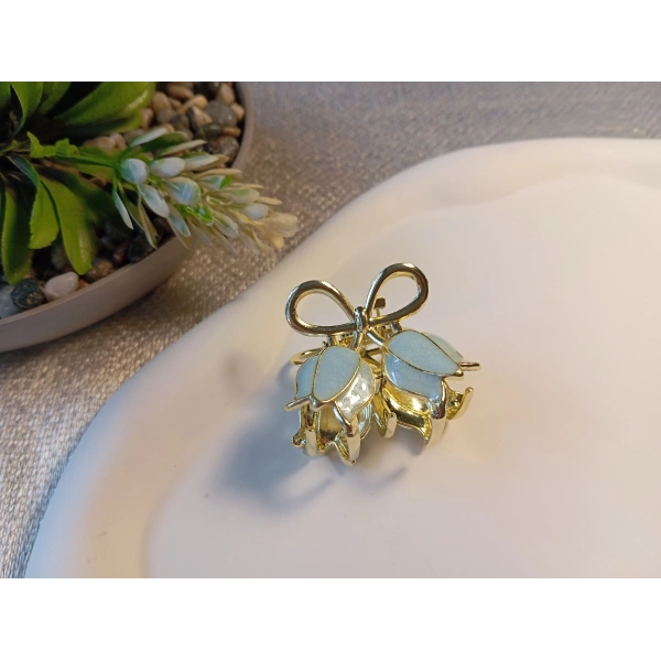 Euro Aksesuar Bahar Serisi Lale Figürlü ve Fiyonk Detaylı Altın Kaplama Mini Metal Mandal Toka - 3 cm