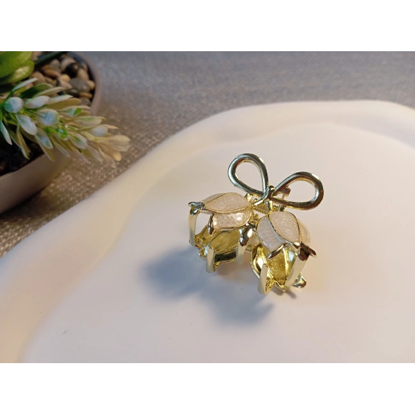 Euro Aksesuar Bahar Serisi Lale Figürlü ve Fiyonk Detaylı Altın Kaplama Mini Metal Mandal Toka - 3 cm