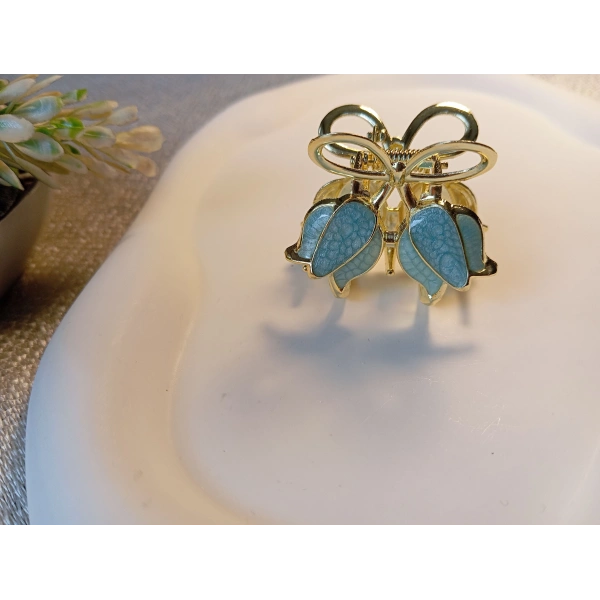 Euro Aksesuar Bahar Serisi Lale Figürlü ve Fiyonk Detaylı Altın Kaplama Mini Metal Mandal Toka - 3 cm