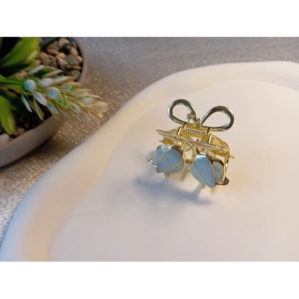 Euro Aksesuar Bahar Serisi Lale Figürlü ve Fiyonk Detaylı Altın Kaplama Mini Metal Mandal Toka - 3 cm