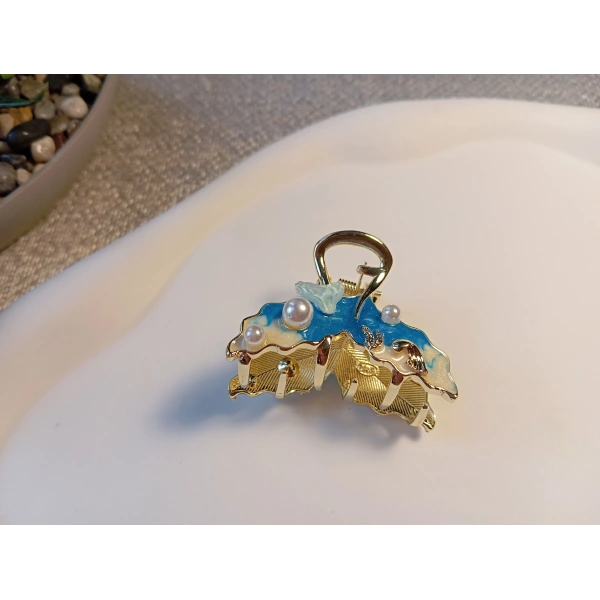 Euro Aksesuar Okyanus Serisi İncili ve Balık Kuyruğu Figürlü Altın Kaplama Metal Mandal Toka - 3 cm