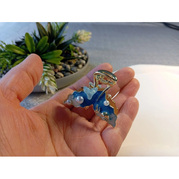 Euro Aksesuar Okyanus Serisi İncili ve Balık Kuyruğu Figürlü Altın Kaplama Metal Mandal Toka - 3 cm