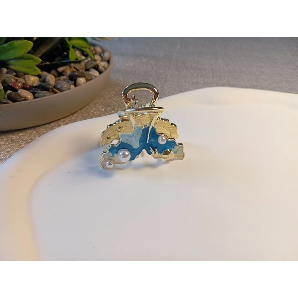 Euro Aksesuar Okyanus Serisi İncili ve Balık Kuyruğu Figürlü Altın Kaplama Metal Mandal Toka - 3 cm