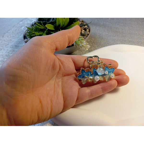 Euro Aksesuar Deniz Esintisi Serisi İncili ve Deniz Yıldızlı Altın Kaplama Metal Mandal Toka - 4 cm